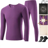 Men's V-Neck Clothing Sets (Grape Purple) with Thermal Fleece/Anti-Bacterial/Comes with 2 Pack Socks