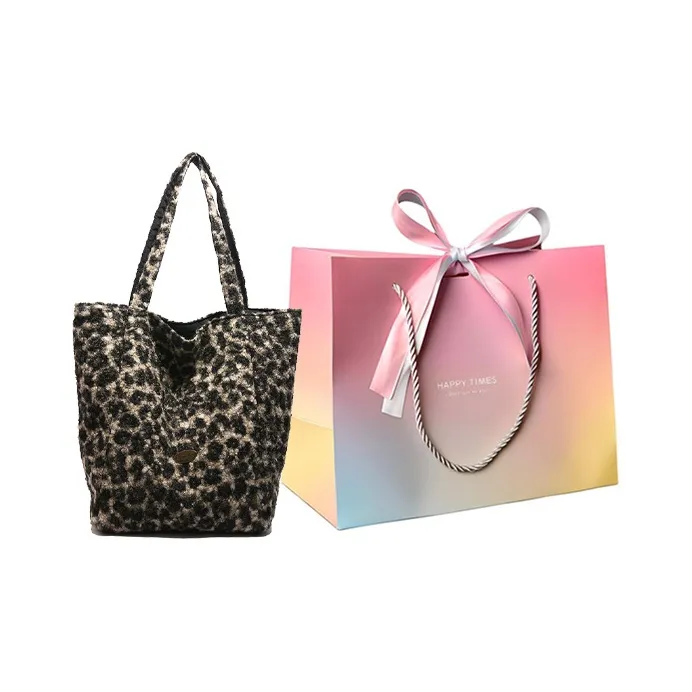 Yalu Plush Shoulder Bag Tote Regular Women's Vertical Stripes/Leopard Print-7