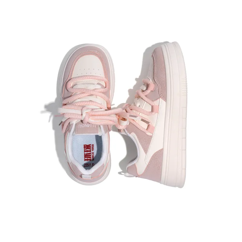 HUANQIU Coverage Abrasion Resistant Height Increasing Low Top Skateboard Shoes Women's Beige Pink-5