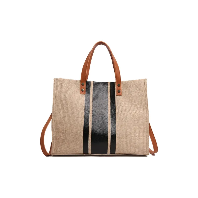Yalu Cotton Linen Blend Tote Bag, Shopping Bag, Shoulder Bag, Handbag Women's Black/Blue/Black Zipper/Blue Zipper-1