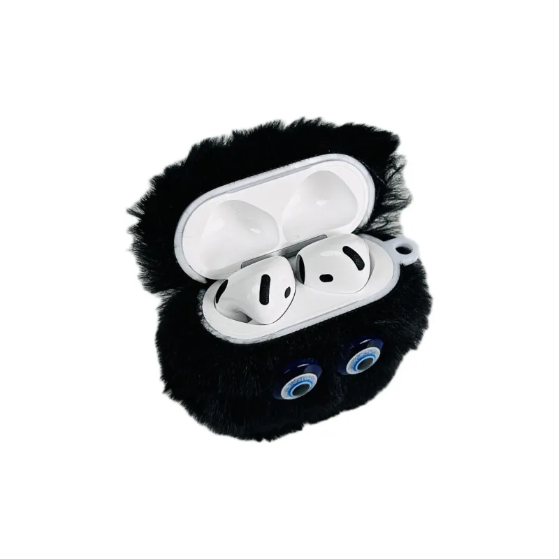 Wei Xin Apple AirPods 4/2/3/4th Generation/AirPods Pro/Pro 2 Plush Black Coal Ball Hats & Caps Headphone Cases-2
