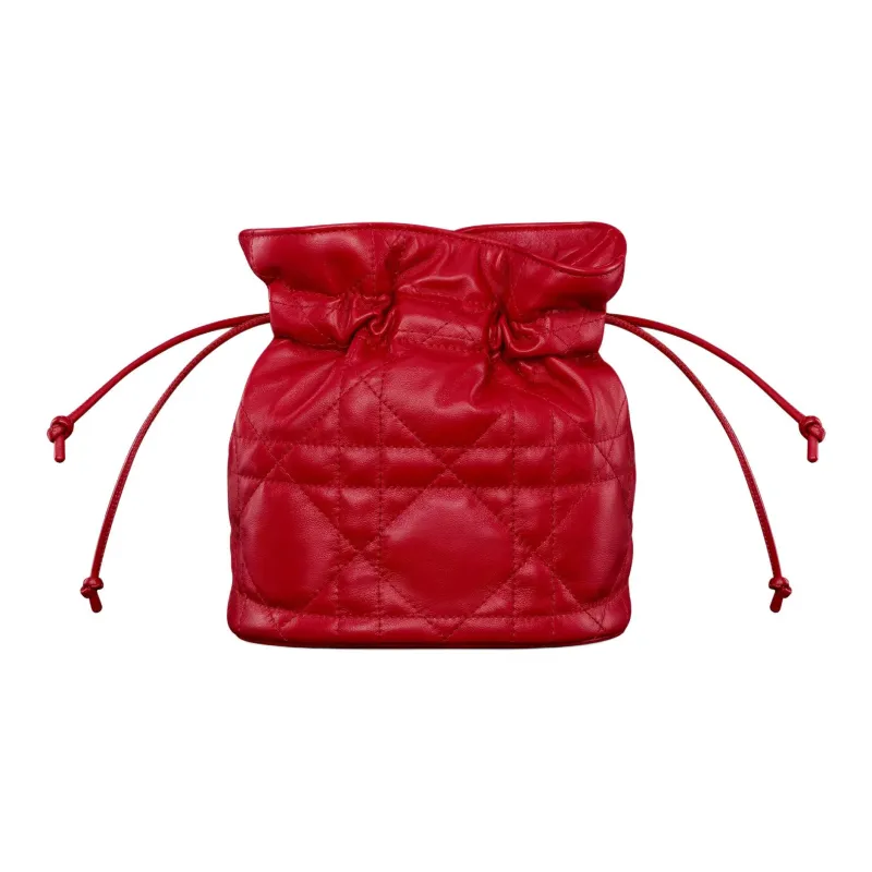 DIOR Miss Caro Sheepskin Cow Leather Patchwork Bucket Bags Shoulder Bags Mini Women's Pomegranate Red-3