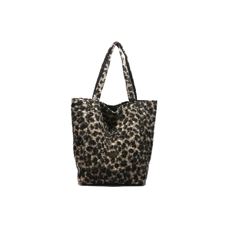 Yalu Plush Shoulder Bag Tote Regular Women's Vertical Stripes/Leopard Print-8