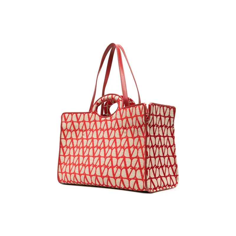 Valentino Calfskin Tote Bag Shopping Bag Handbag Women's Red & Beige-1
