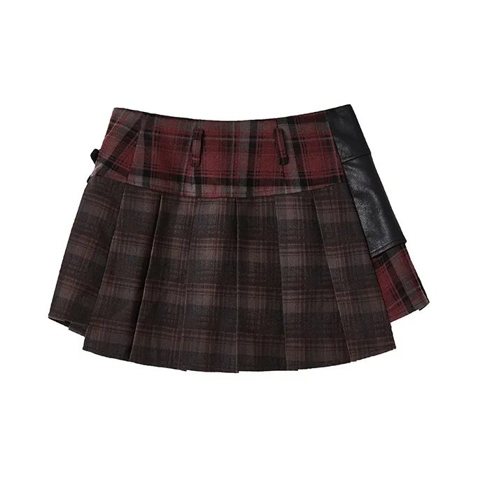 WULISHAONIAN Skirt Unisex Red Black Plaid-1
