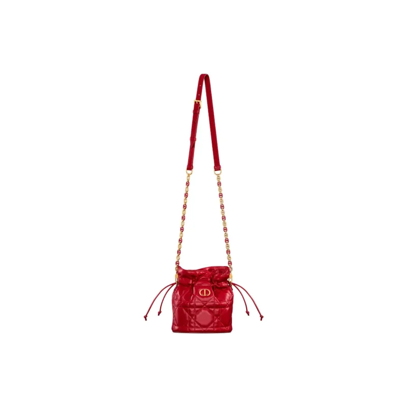 DIOR Miss Caro Sheepskin Cow Leather Patchwork Bucket Bags Shoulder Bags Mini Women's Pomegranate Red-1