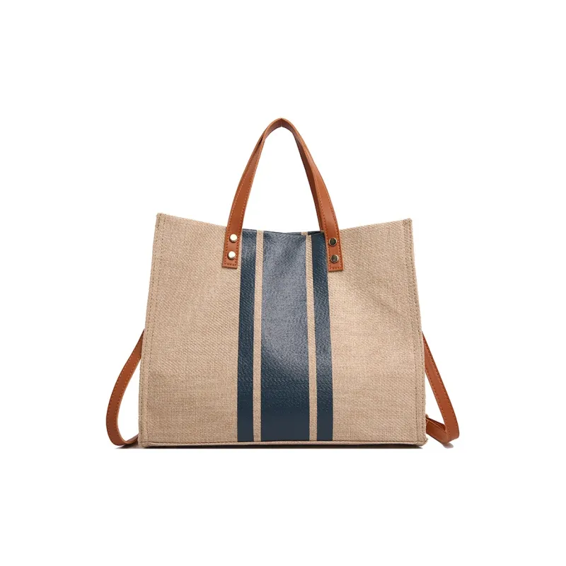 Yalu Cotton Linen Blend Tote Bag, Shopping Bag, Shoulder Bag, Handbag Women's Black/Blue/Black Zipper/Blue Zipper-8