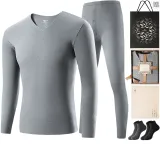 Men's V-Neck Clothing Sets (Lilac Gray) Dralon Heat/Seamless Antibacterial/Includes 2 Pack Socks
