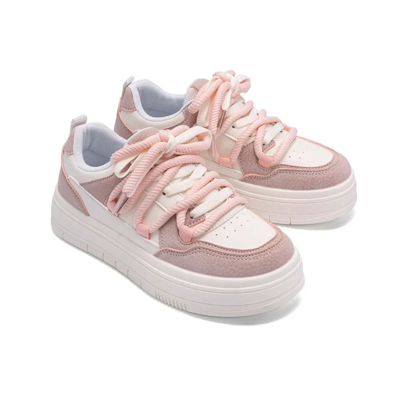 HUANQIU Coverage Abrasion Resistant Height Increasing Low Top Skateboard Shoes Women's Beige Pink-3