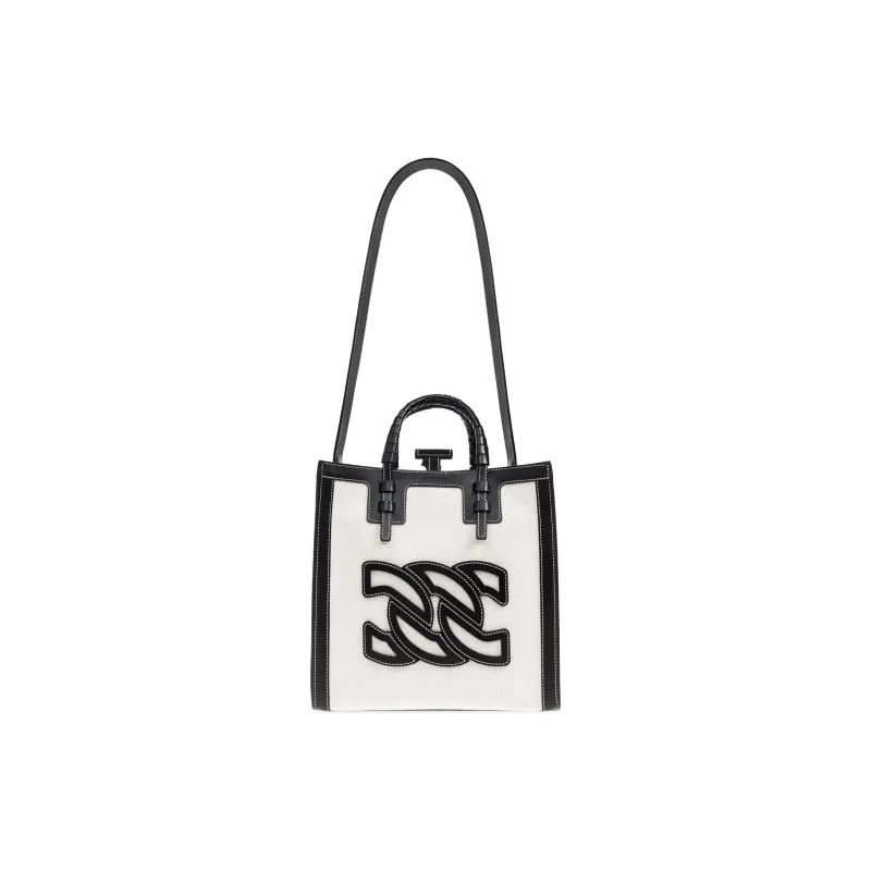 Casadei Fabric Tote Bag, Shopping Bag, Shoulder Bag, Crossbody Bag, Handbag Mini Women's White & Black-0
