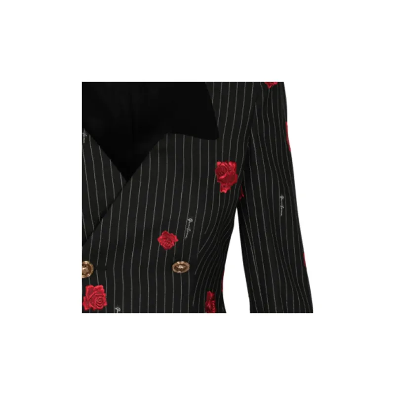 VERSACE Rose Print Striped Double Breasted Jacket 'Black'-4