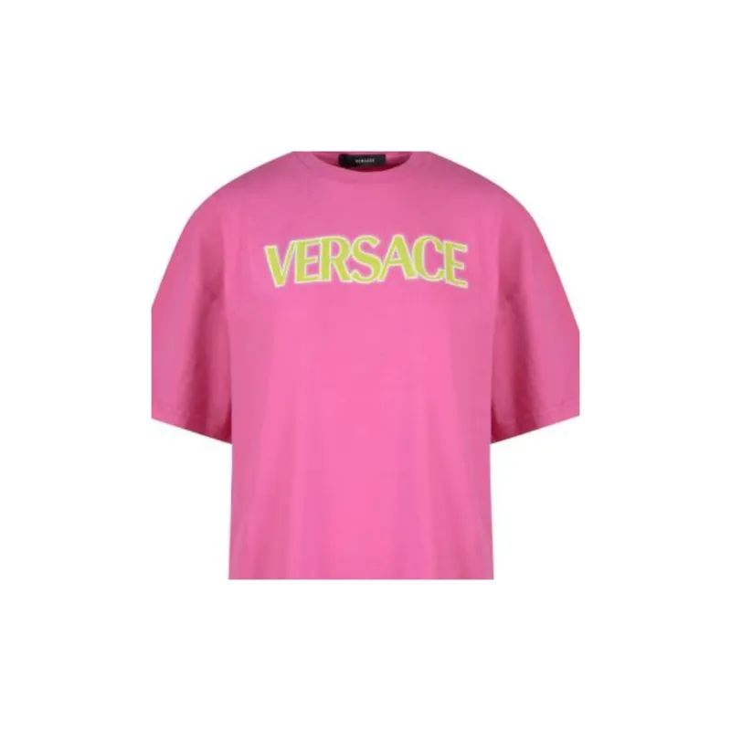 VERSACE Logo Print T Shirt 'Fuchsia/Yellow'-4