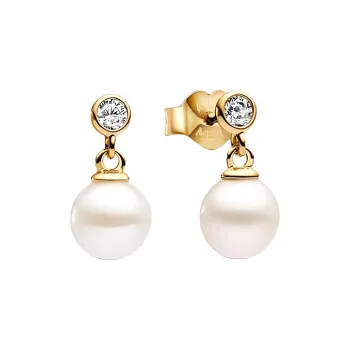 Pandora Freshwater Pearl Gemstone 14K Gold Cubic Zircon 14K Gold Plated Earrings Women's White