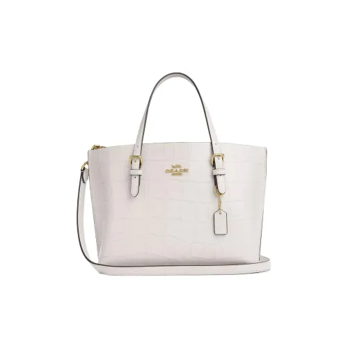 COACH Mollie Crocodile Embossed Leather Tote Bag, Shopping Bag, Shoulder Bag, Handbag Medium Size Women's Gold & Chalk