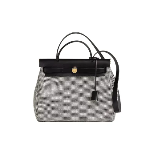 HERMES Herbag Zip Criss Viking Canvas With Hunter Leather One Shoulder Handbags Women's Beige & Black