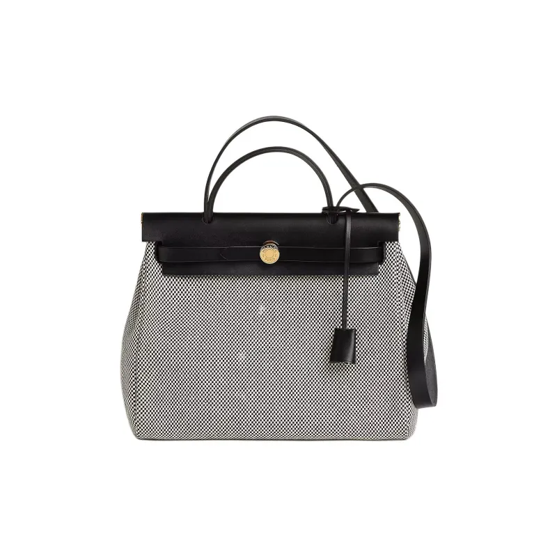 HERMES Herbag Zip Criss Viking Canvas With Hunter Leather One Shoulder Handbags Women's Beige & Black-0