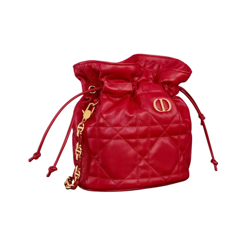 DIOR Miss Caro Sheepskin Cow Leather Patchwork Bucket Bags Shoulder Bags Mini Women's Pomegranate Red-2
