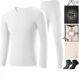 Men's V-Neck Clothing Sets (Pearl White) with Thermal Technology/Anti-Bacterial/Comes with 2 Pack Socks