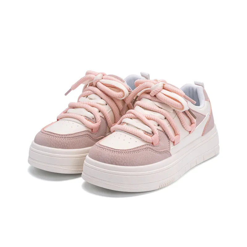 HUANQIU Coverage Abrasion Resistant Height Increasing Low Top Skateboard Shoes Women's Beige Pink-2