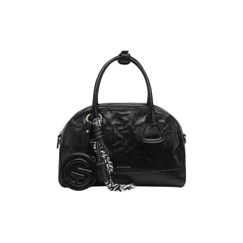 Tanita West Cow Leather Boston Bag One Shoulder Handbags Medium Size Women's Black