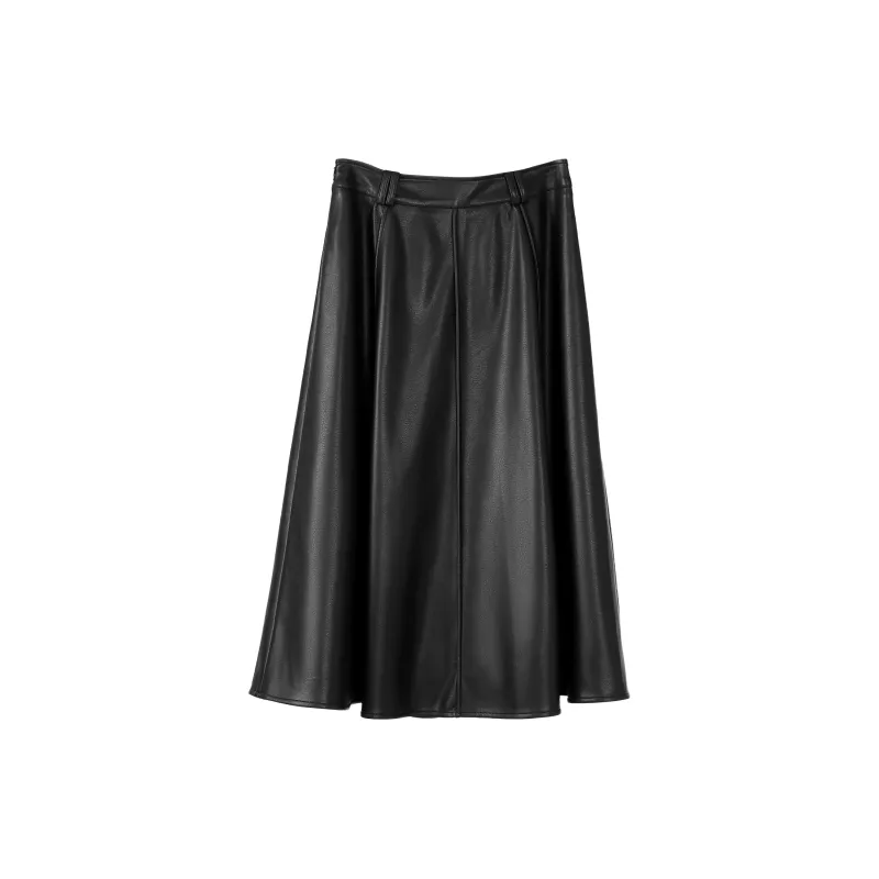Fstudio Fall And Winter Vintage Pu Leather Half Height Waist A Line Skirt Women's Black-1