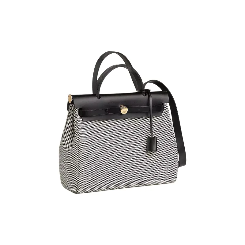 HERMES Herbag Zip Criss Viking Canvas With Hunter Leather One Shoulder Handbags Women's Beige & Black-1