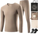 Men's V-Neck Set (Gray) German Fleece Heat/Seamless Antibacterial/Includes 2 Pack Socks