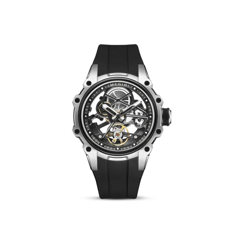 MEGIR Mechanical Movement Silicone Strap Watch Men's Watches Cut-Out Dial-4