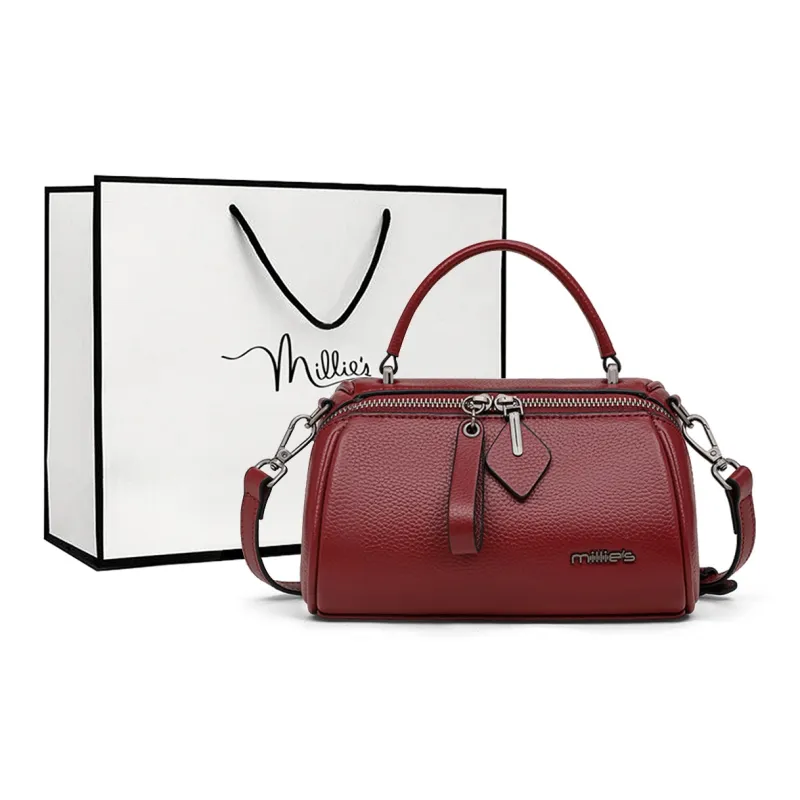 MILLIE'S Cow Leather Handbag, Shoulder Bag, Crossbody Bag, Boston Bag Regular Women's Black/Burgundy/Khaki-6