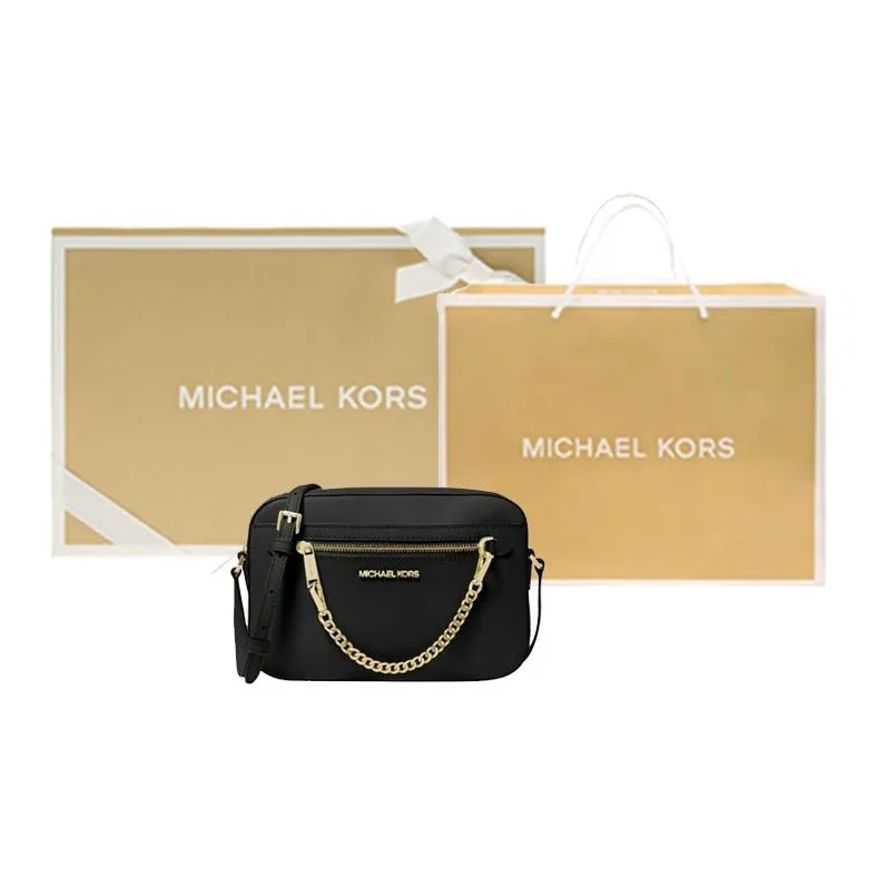 Michael Kors Jet Set Large Zip Chain Crossbody Bag Shoulder Black Leather Gold-13