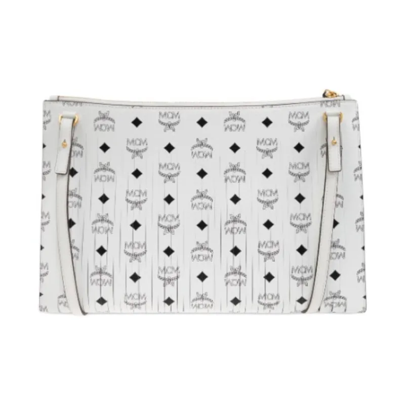 MCM Aren Embossed Leather Shoulder Bag Medium Size Women's White-2