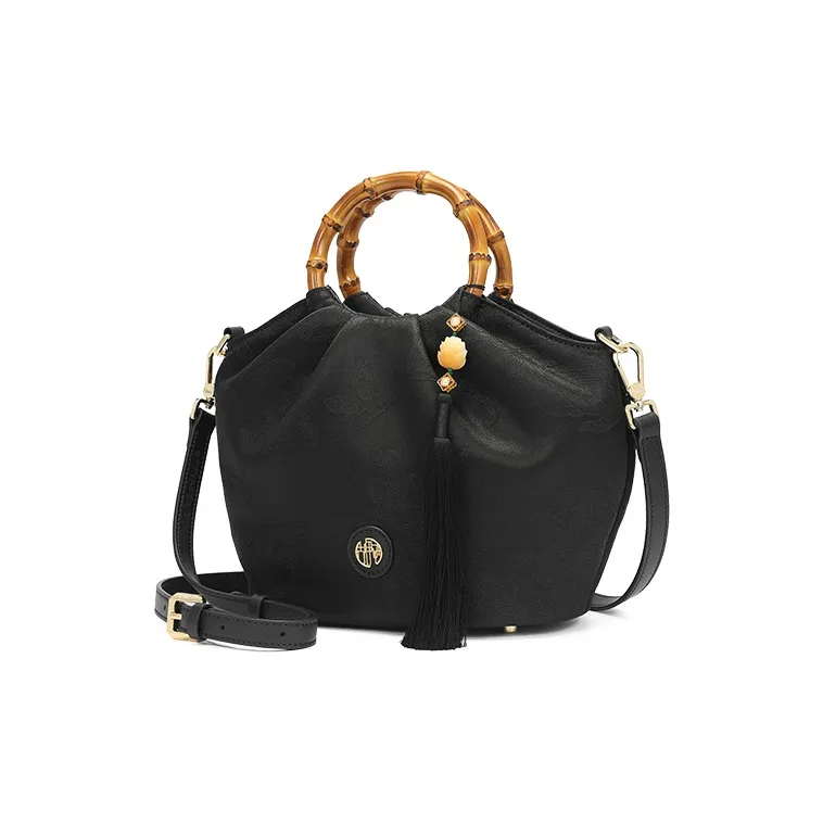 Ancient Yi Xi Mulberry Silk Cheongsam Xiangyun Gauze Bamboo Fringe Handbag Medium Size Women's Black-1