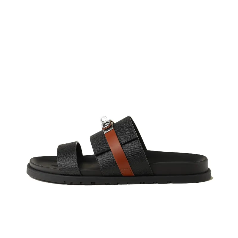 HERMES Rubber Sole Quiet Slide Slippers Men's Black-0