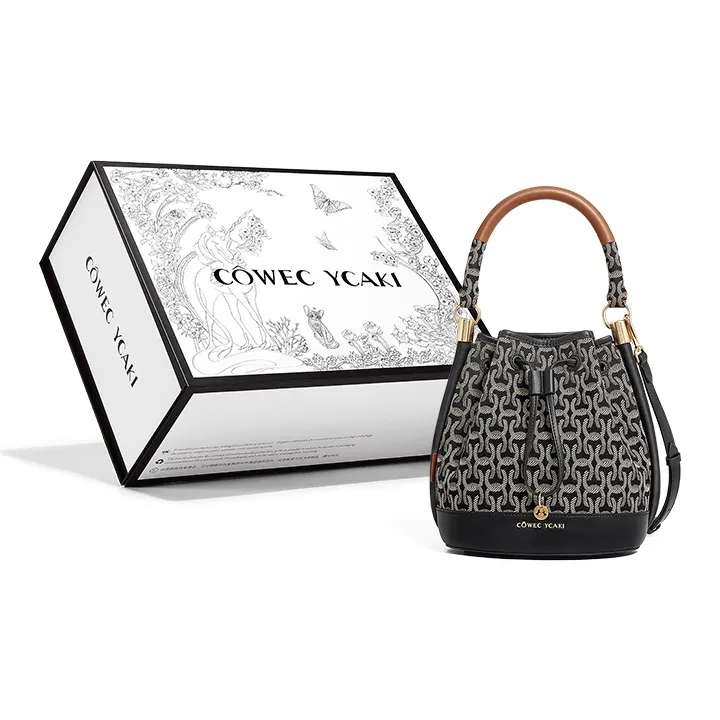 COWEC YCAKI Fabric With Cow Leather Bucket Bag, Shoulder Bag, Crossbody Bag, Handbag Medium Size Women's Black Jacquard-0