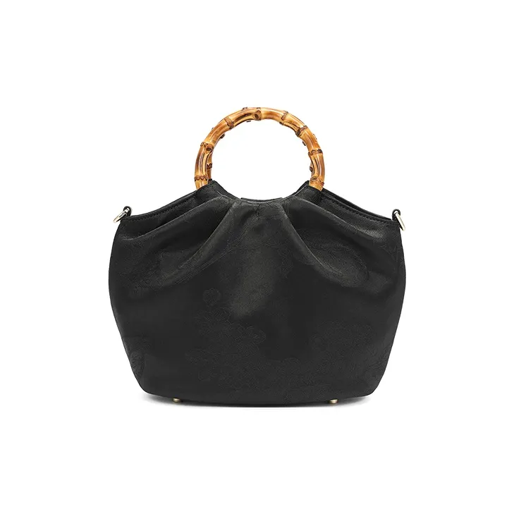 Ancient Yi Xi Mulberry Silk Cheongsam Xiangyun Gauze Bamboo Fringe Handbag Medium Size Women's Black-2