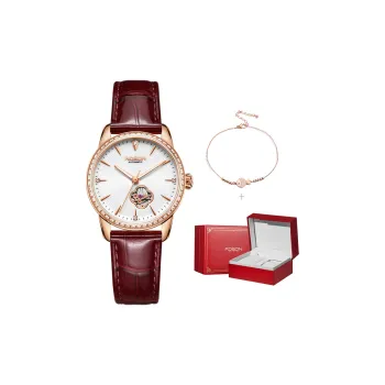 ROSDN Four Leaf Clover Collection Mechanical Movement Cow Leather Strap Watch Women's Watch White Dial