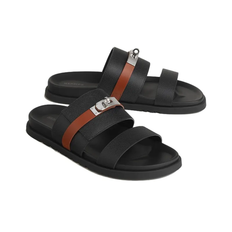 HERMES Rubber Sole Quiet Slide Slippers Men's Black-3