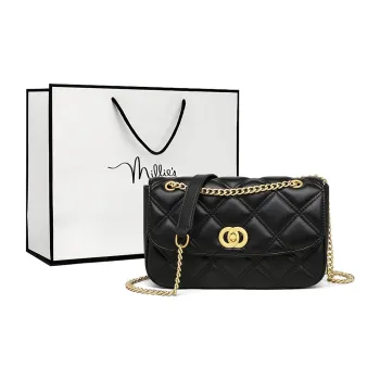 MILLIE'S Cow Leather Underarm Shoulder Bag, Crossbody Bag, Chain Bag, Small Square Bag Women's Black