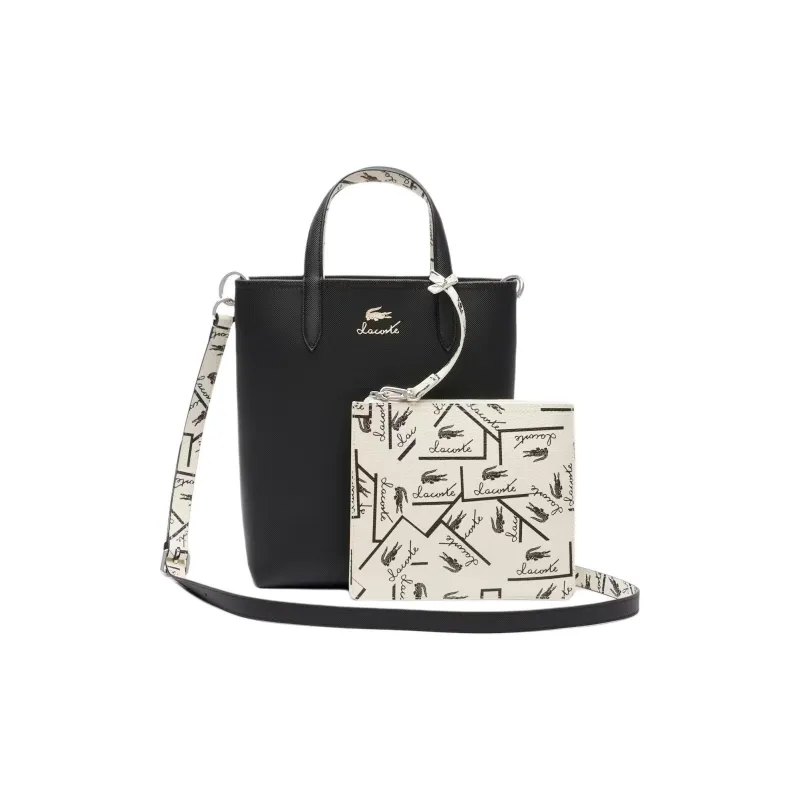LACOSTE PVC Tote Bag Shopping Bag Handbag Medium Size Women's Black & Ecru-4