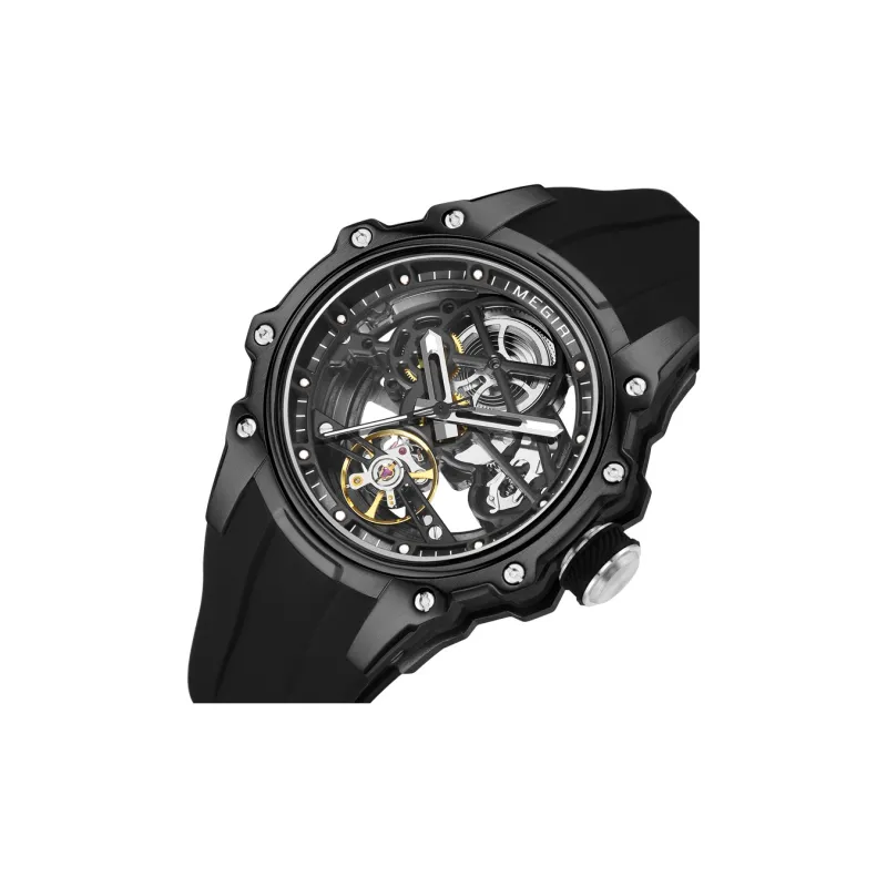 MEGIR Mechanical Movement Silicone Strap Watch Men's Watches Cut-Out Dial-8