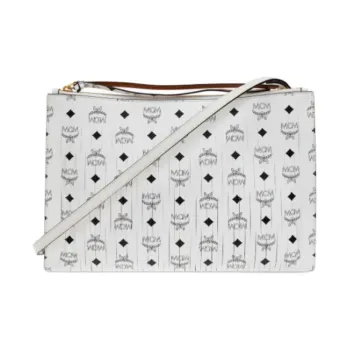 MCM Aren Embossed Leather Shoulder Bag Medium Size Women's White