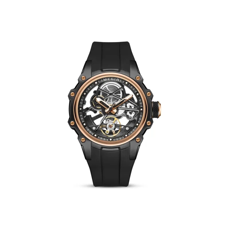 MEGIR Mechanical Movement Silicone Strap Watch Men's Watches Cut-Out Dial-10