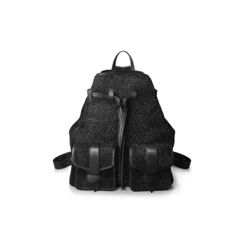 INJOYLIFE Cow Leather Travel Backpack Women's Snow Fleece Black
