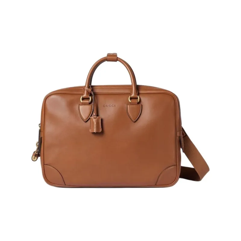 GUCCI GG Emblem Leather Handbag Briefcase Medium Size Men's Brown-0