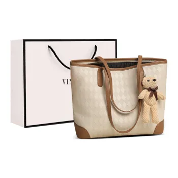 VINEY Synthetic Leather Patchwork With Cow Leather Tote Shopping Bag Shoulder Bag Women's Ecru