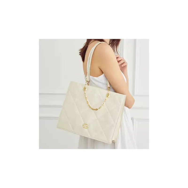 ELLE Cow Leather Tote Bag Shopping Bag Handbag Shoulder Bag Large Size Women's White-1