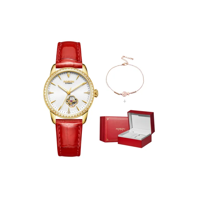 ROSDN Four Leaf Clover Collection Mechanical Movement Cow Leather Strap Watch Women's Watch White Dial-5