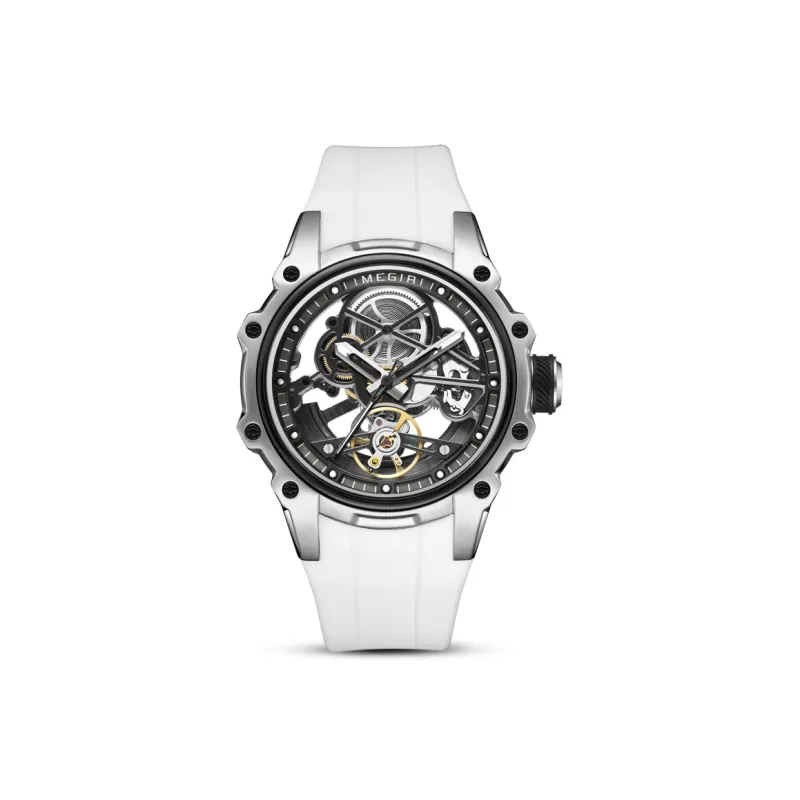 MEGIR Mechanical Movement Silicone Strap Watch Men's Watches Cut-Out Dial-0