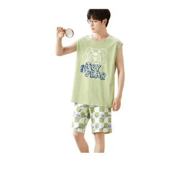 MIIOW Pajama Set Fashion Cartoon Refreshing Design Feel Men's 2 Piece Set Grass Green