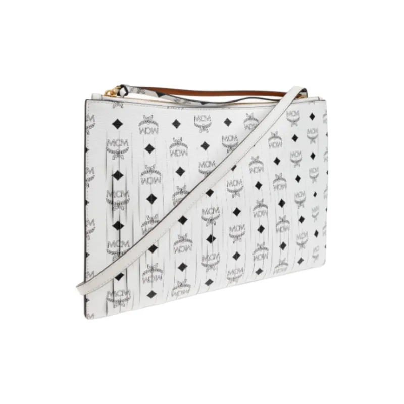 MCM Aren Embossed Leather Shoulder Bag Medium Size Women's White-1